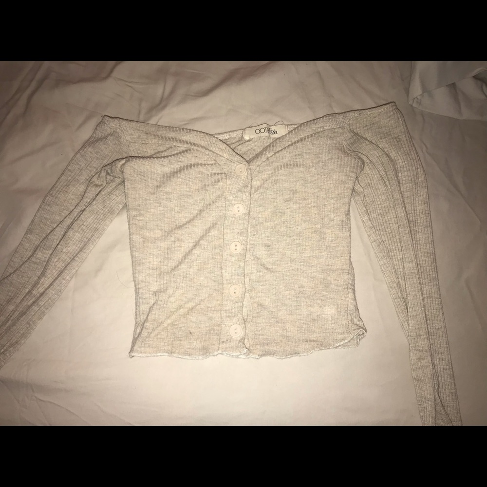 oatmeal colored off the shoulder shirt